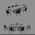 Modern Rectangular Dining Table Set With Marble Top Six Upholstered Chairs And Flower Arrangement 3d model