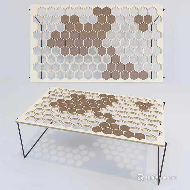 Modern Honeycomb Design Coffee Table With Wooden Tabletop Black Metal Legs And Hexagon Patterns 3d model 