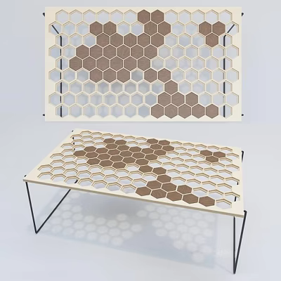 Modern Honeycomb Design Coffee Table With Wooden Tabletop Black Metal Legs And Hexagon Patterns 3d model