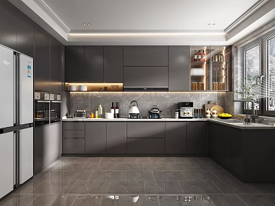 Modern Kitchen Interior With Dark Cabinets Stone Countertops And Stainless Steel Appliances 3d model