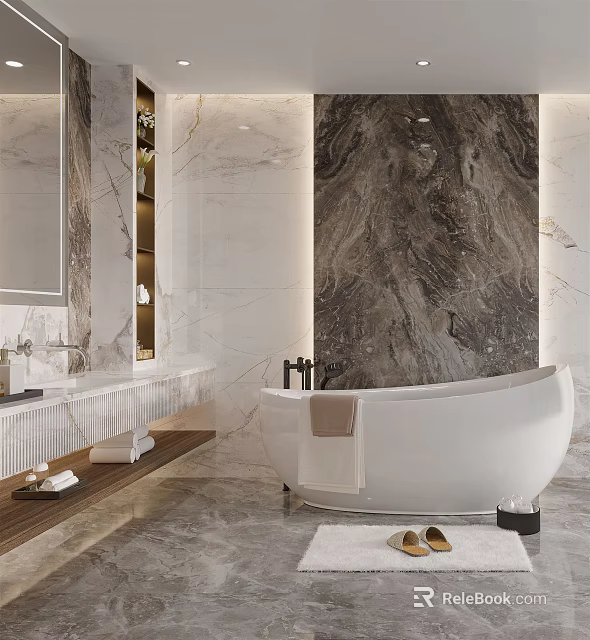 Luxurious Modern Bathroom Interior With Freestanding Bathtub Marble Walls And Vanity Mirror 3d model 