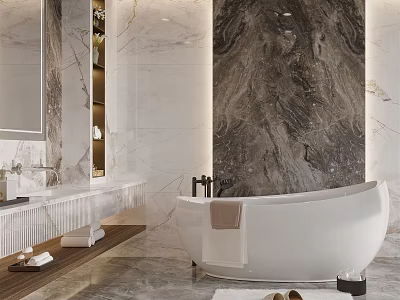 Luxurious Modern Bathroom Interior With Freestanding Bathtub Marble Walls And Vanity Mirror 3d model