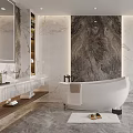 Luxurious Modern Bathroom Interior With Freestanding Bathtub Marble Walls And Vanity Mirror