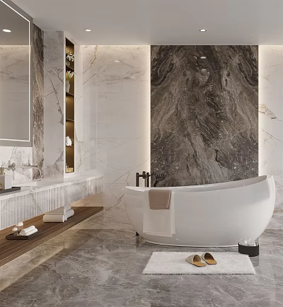 Luxurious Modern Bathroom Interior With Freestanding Bathtub Marble Walls And Vanity Mirror 3d model