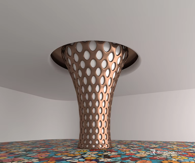 Copper Colored Perforated Conical Column In White Room With Colorful Mosaic Floor 3d model 