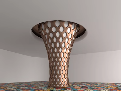 Copper Colored Perforated Conical Column In White Room With Colorful Mosaic Floor 3d model