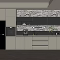 Modern Kitchen With Grey And Black Cabinets Marble Backsplash And Appliances 3d model