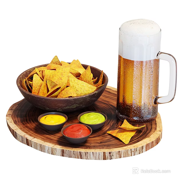 Crispy Tortilla Chips With Assorted Dipping Sauces And Cold Beer On Wooden Tray 3d model 