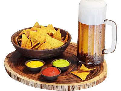Crispy Tortilla Chips With Assorted Dipping Sauces And Cold Beer On Wooden Tray 3d model