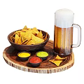 Crispy Tortilla Chips With Assorted Dipping Sauces And Cold Beer On Wooden Tray