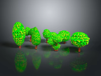 3D Rendered Green Trees with Brown Trunks Different Sizes and Ground Reflections on Gray Background 3d model