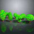 3D Rendered Green Trees with Brown Trunks Different Sizes and Ground Reflections on Gray Background