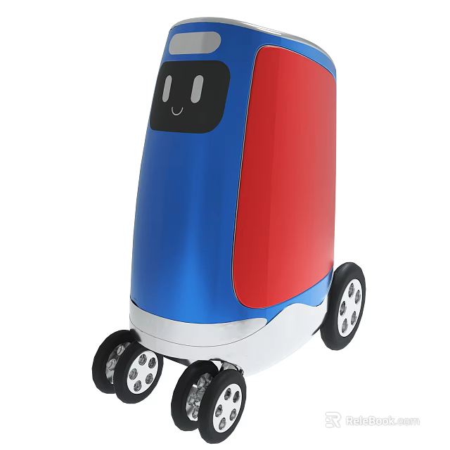 Small Cute Robot With Red Blue White Colors And Four Wheels Design 3d model 