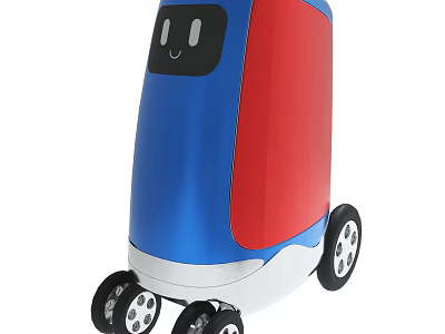 Small Cute Robot With Red Blue White Colors And Four Wheels Design 3d model