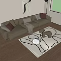 Modern Beige L shaped Sofa Coffee Table Set With Decorative Pillows Throw Blanket Abstract Art Floor Lamp