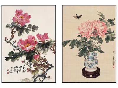 Traditional Botanical Paintings With Pink Peonies Butterflies And Blue White Vase 3d model