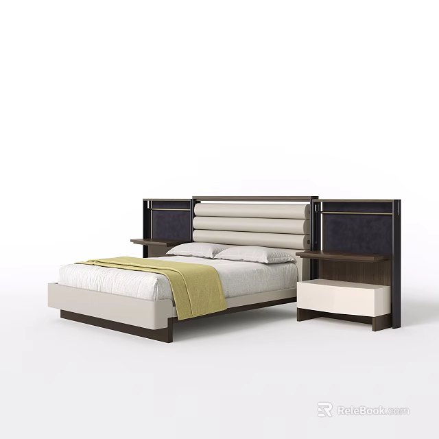 Modern Double Bed With Upholstered Headboard Wooden Frame And Side Nightstand 3d model
