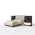 Modern Double Bed With Upholstered Headboard Wooden Frame And Side Nightstand 3d model