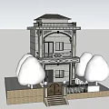 Detached Two Story Villa With Elegant Balcony Decorative Porch Wrought Iron Gate Greenery Night Lighting