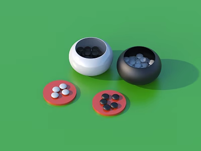 Board Game Entertainment With Black White Stones In Bowls And On Red Mats 3d model
