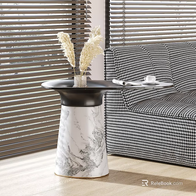 Modern Side Table With Marble Base Vase Dried Flowers And Checkerboard Sofa In Living Room 3d model 