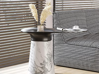 Modern Side Table With Marble Base Vase Dried Flowers And Checkerboard Sofa In Living Room 3d model