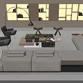 Modern Minimalist Living Room Sofa Coffee Table Set With Light Colored Cushions Floor Lamp And Bookshelves