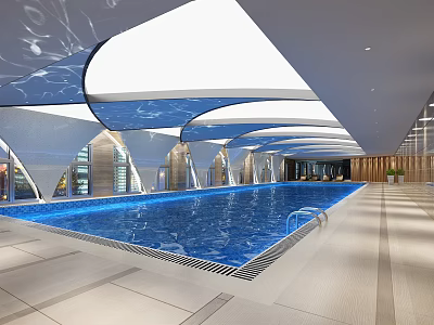 Spacious Modern Indoor Swimming Pool With Curved Ceiling Blue Water Natural Light And Tile Floor 3d model