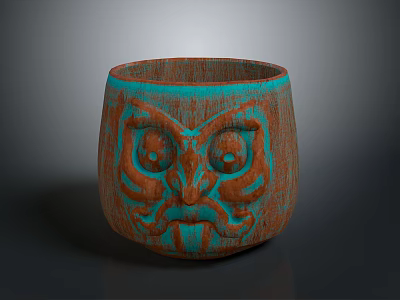 Unique Handcrafted Brown Cup With Turquoise Rim And Carved Face Design 3d model