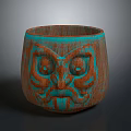 Unique Handcrafted Brown Cup With Turquoise Rim And Carved Face Design