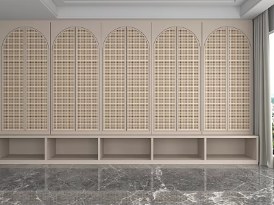 Modern Display Shelves Featuring Arched Lattice Design Beige Open Lower Compartments on Marble Floor 3d model