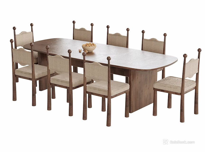 Oval Wooden Dining Table With Upholstered Chairs And Fruit Bowl Set 3d model 