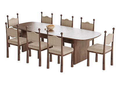 Oval Wooden Dining Table With Upholstered Chairs And Fruit Bowl Set 3d model