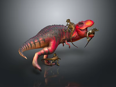 Realistic Red Brown Tyrannosaurus Rex Dinosaur Model with Small Clinging Creatures 3d model