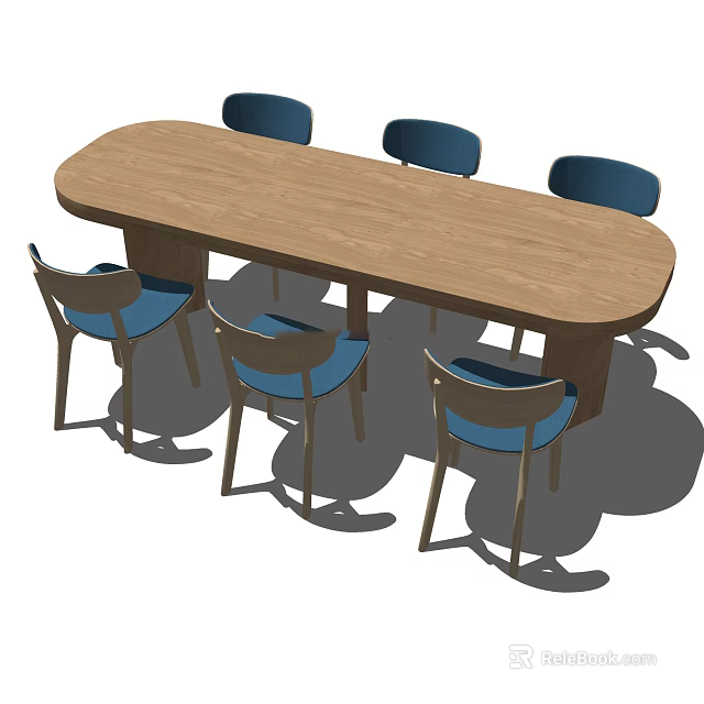 Wooden Oval Dining Table Set With Six Blue Chairs For Home Dining 3d model