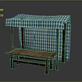 Wooden Outdoor Structure With Blue White Checkered Canopy Curtain And Woven Seat Bench