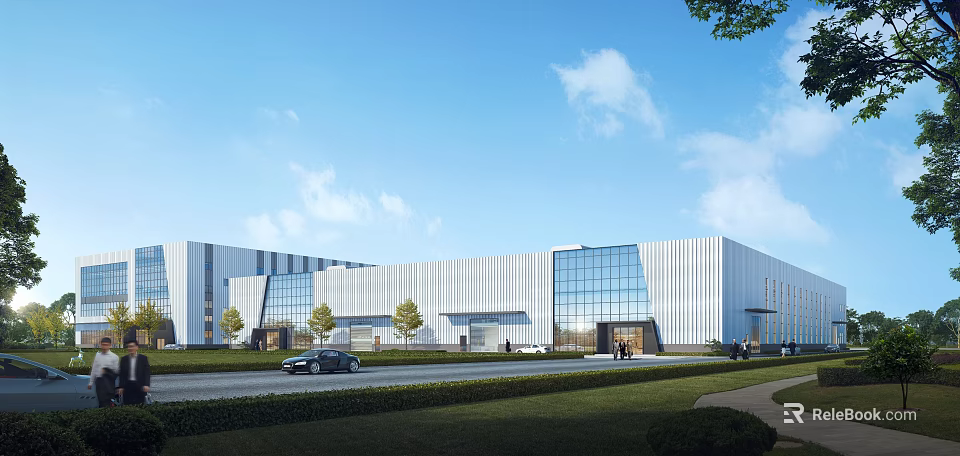Modern Industrial Factory Building Exterior With Glass Curtain Walls Greenery And Blue Sky 3d model 