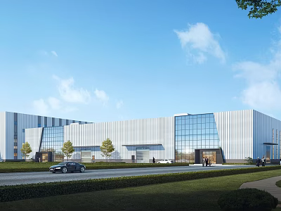 Modern Industrial Factory Building Exterior With Glass Curtain Walls Greenery And Blue Sky 3d model