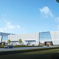 Modern Industrial Factory Building Exterior With Glass Curtain Walls Greenery And Blue Sky