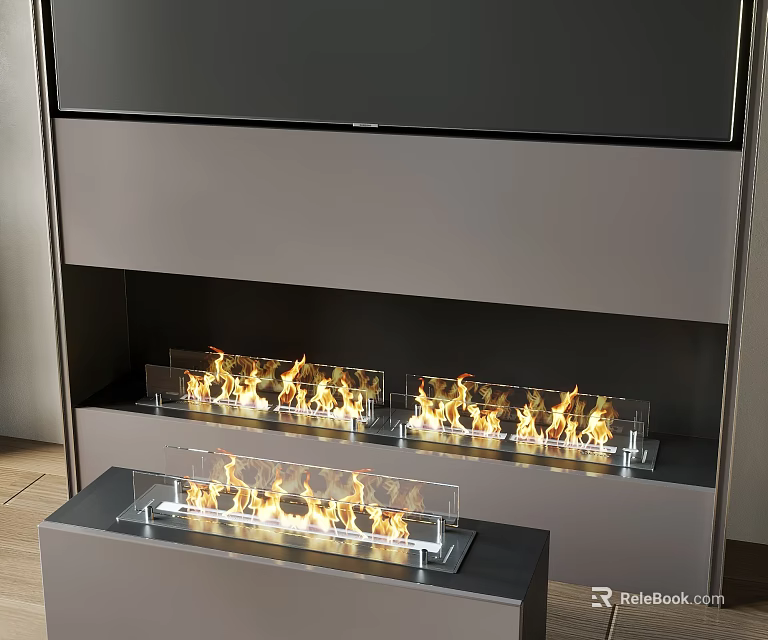 Modern Built in Fireplace Interior Design With Flames Glass And Metal In Living Room 3d model 