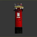 Artistic Red Decorative Column Featuring Colorful Triangular Top Ornaments And Small Toy Vehicle