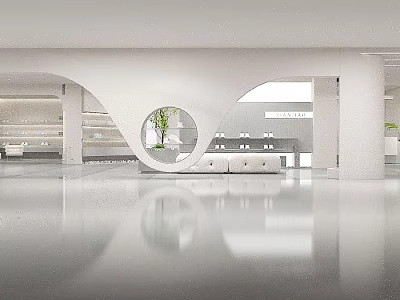 Modern Minimalist Boutique Interior With White Curved Structure Display Shelves And Green Plant 3d model