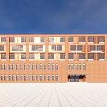 Red Brick Modern School Buildings With Classroom Structures Open Plaza Blue Sky And White Clouds