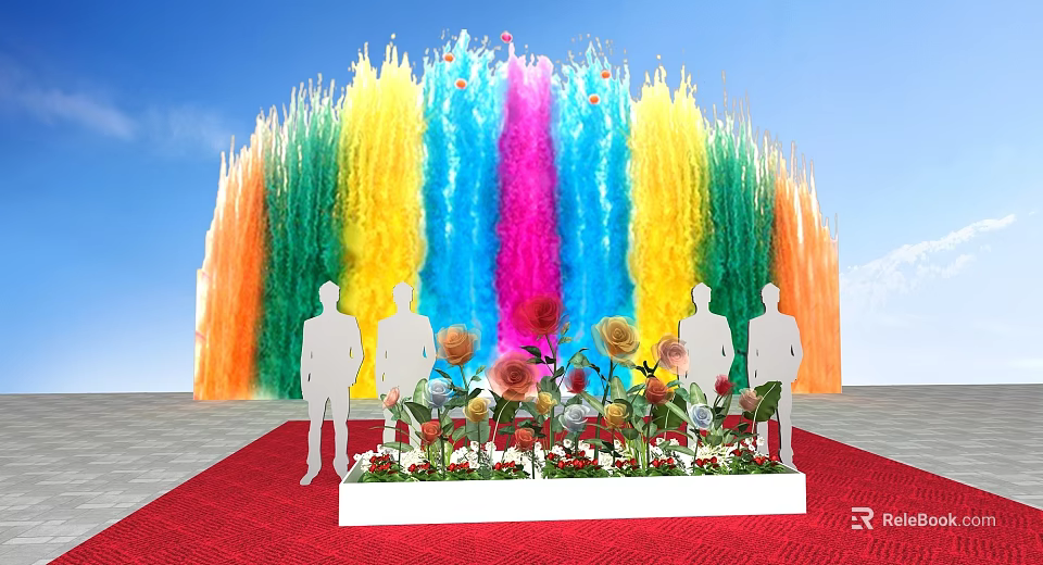 Colorful Fountain Launch Device With Flower Display And People Silhouettes Under Blue Sky 3d model 