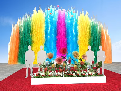 Colorful Fountain Launch Device With Flower Display And People Silhouettes Under Blue Sky 3d model