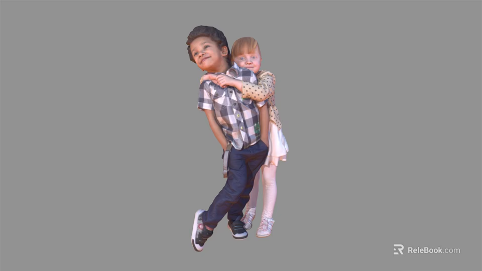 Two Kids Hugging In Casual Outfits Sharing Warm Moment 3d model 