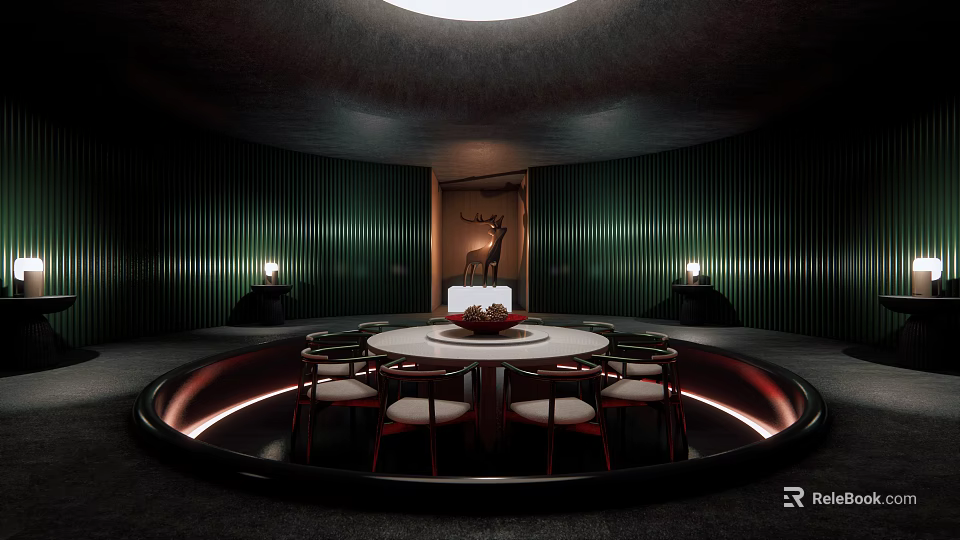 Private Dining Box Interior With Round Table Green Walls Chairs And Ambient Lighting 3d model 