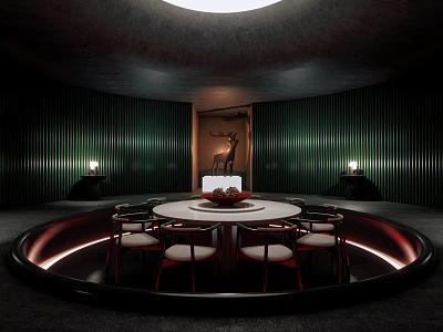 Private Dining Box Interior With Round Table Green Walls Chairs And Ambient Lighting 3d model