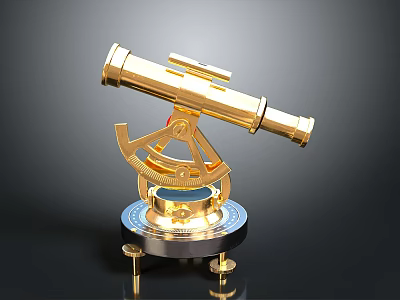 Golden Sextant With Telescope And Ornate Base On Black Surface 3d model