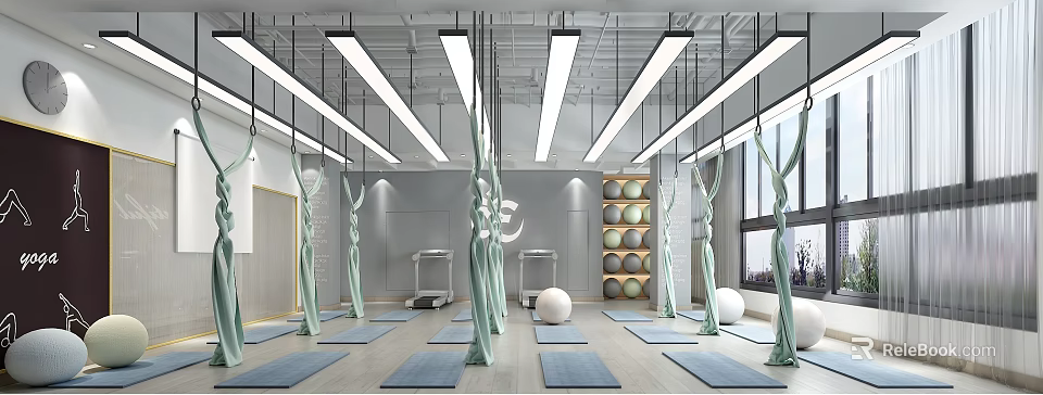 Modern Yoga Studio Interior with Yoga Mats Yoga Balls Mirror Walls and Strip Lights 3d model 